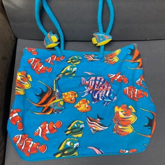 Unknown Boutique Handbags - Canvas Beach tote carry all Fish Motif  wooden fish on straps